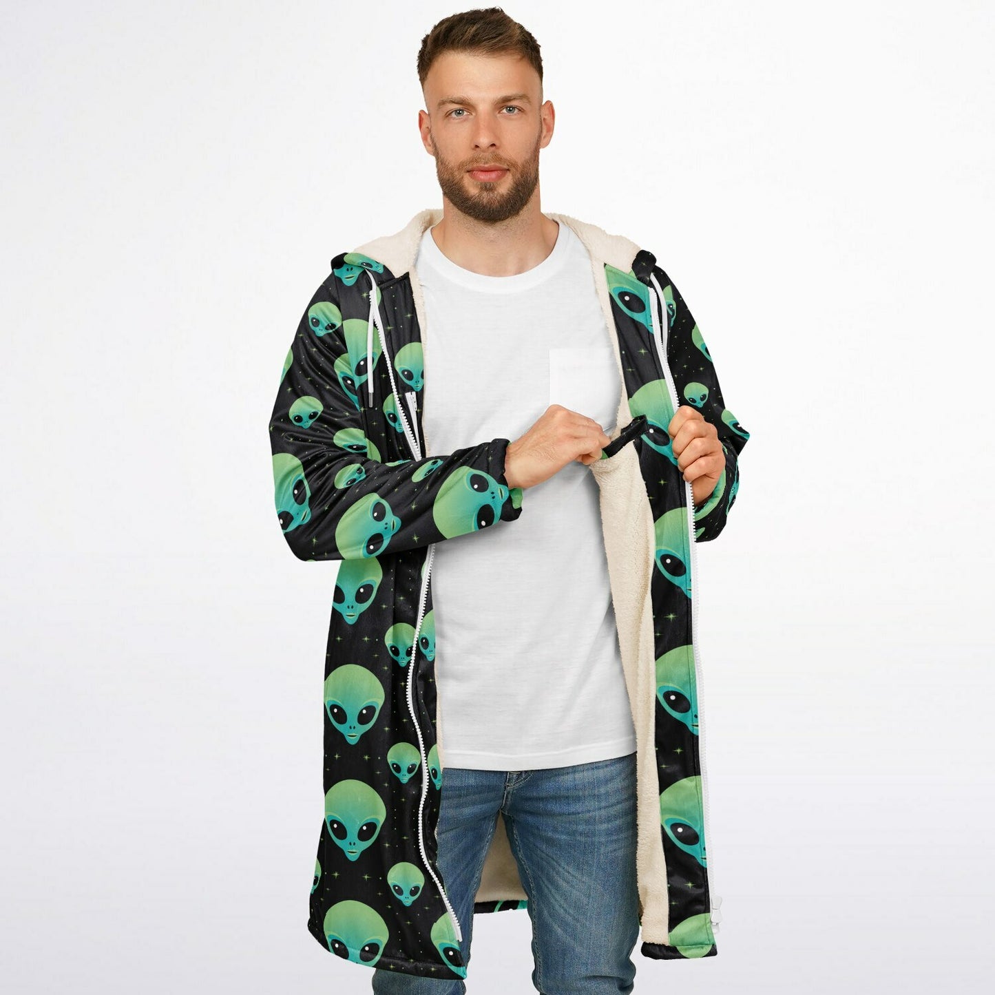 Black & Green Alien Terrestrial Zipper Cloak – One-of-a-Kind Hooded Cape for Festivals, Travel & Statement Style | Holloween Coat