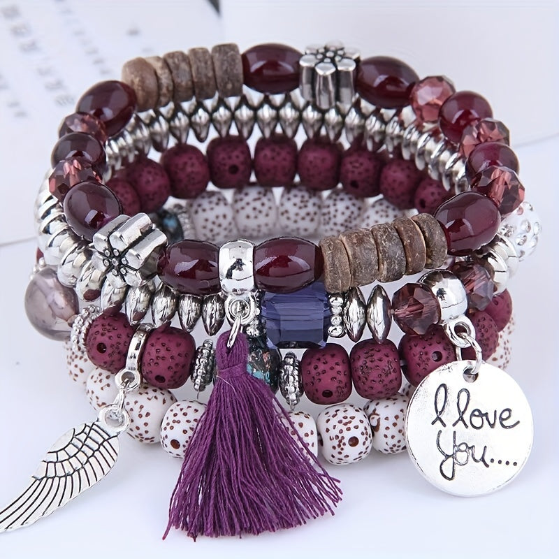 4pcs/Set Disc Love Wings Tassel Volcano Stone Beads Bracelet, Pink & Multicolor Beads Retro Bohemian Holiday Gift
