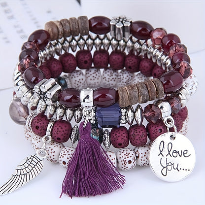 4pcs/Set Disc Love Wings Tassel Volcano Stone Beads Bracelet, Pink & Multicolor Beads Retro Bohemian Holiday Gift