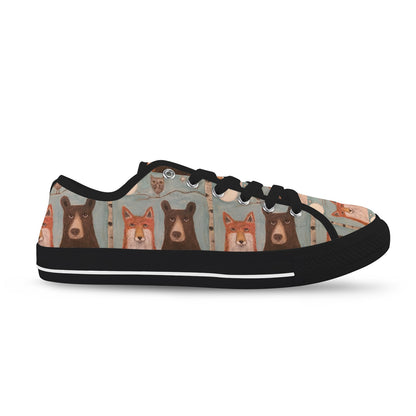 Whimsical Bear & Fox Women’s Low Top Sneakers – Woodland Magic 🦊🐻