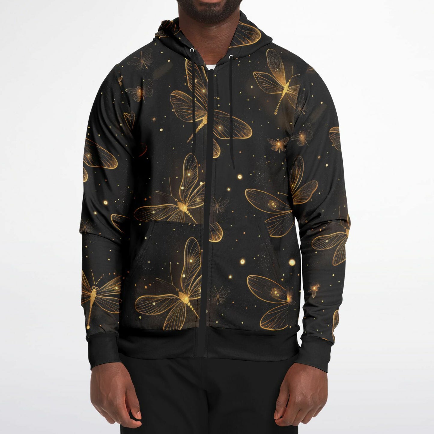Golden Dragonfly Zip-Up Hoodie – Shimmering Night Sky All Over Print with Magical Ethereal Design | One of a Kind | Unique