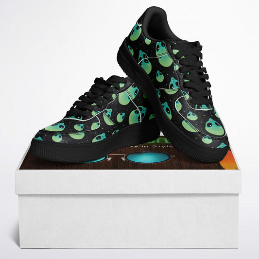 Core Low Shoes, Alien Skull Sneakers, Green & Blue Skull Low Tops, Unique Sci-Fi Streetwear Custom Design