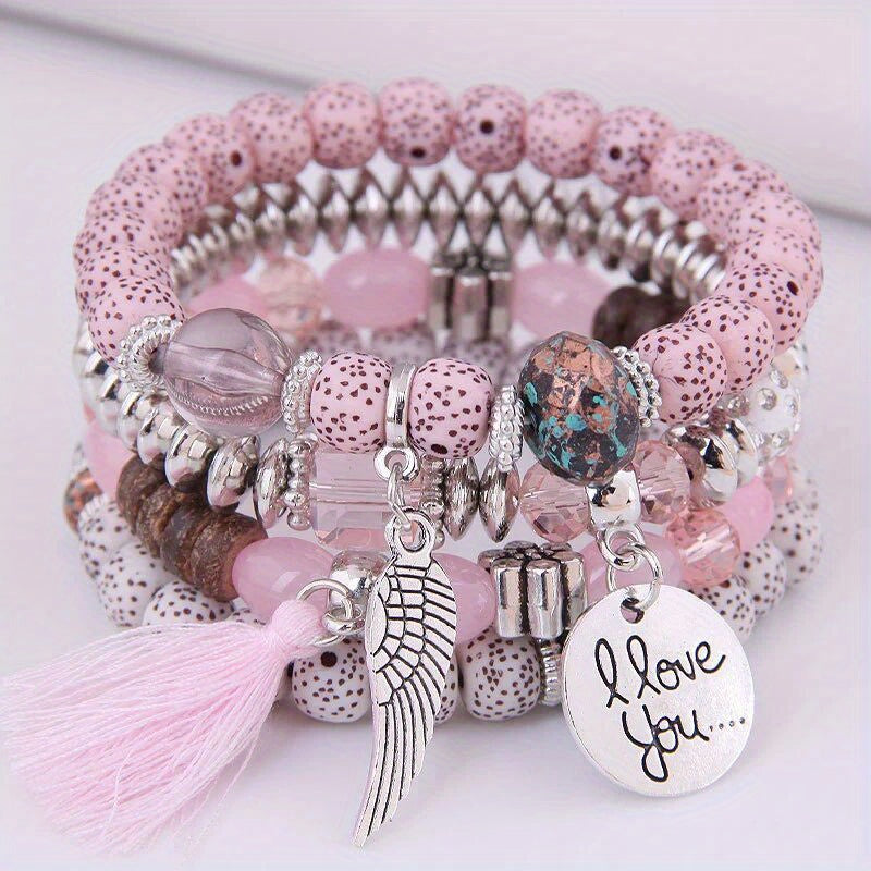 4pcs/Set Disc Love Wings Tassel Volcano Stone Beads Bracelet, Pink & Multicolor Beads Retro Bohemian Holiday Gift