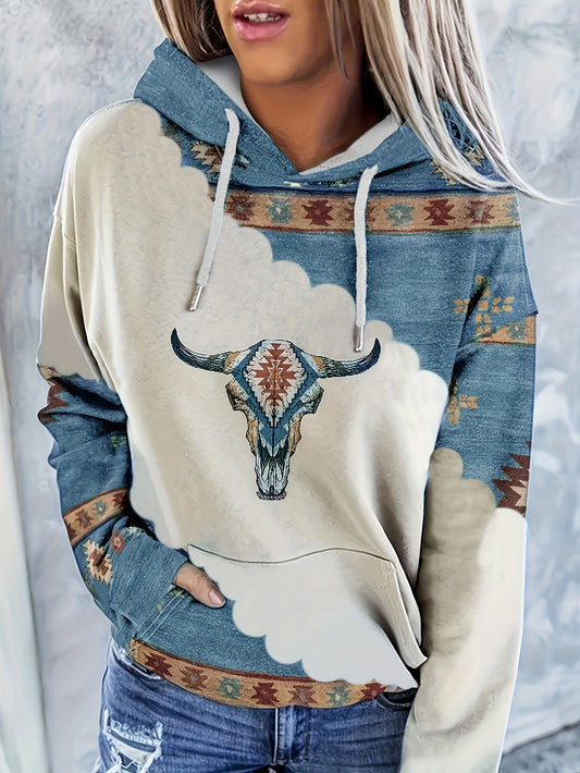 Casual Long Sleeve Geometric Print Hoodie - Aztec Drawstring with Kangaroo Pockets for Spring & Fall - Women's Clothing