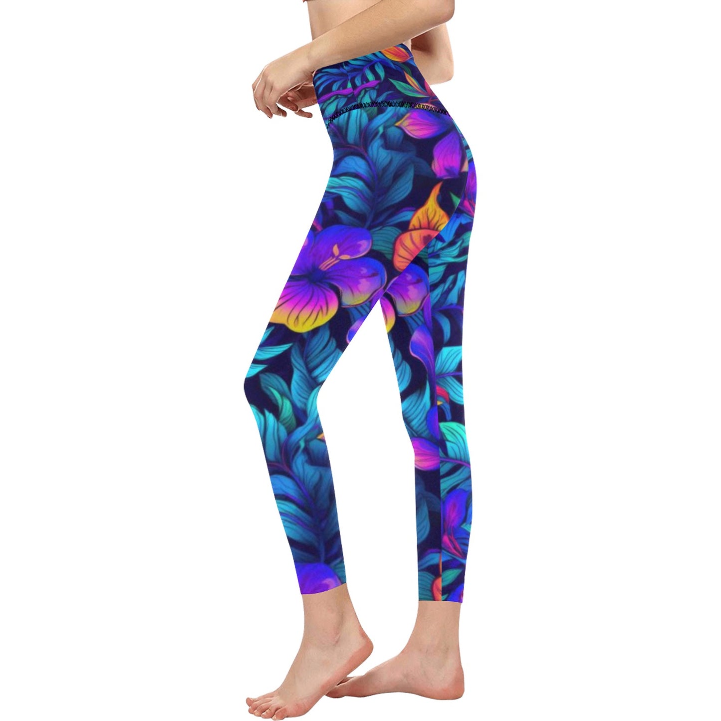 Women's High-Waisted Leggings Neon Tropical Flowers & Leaves