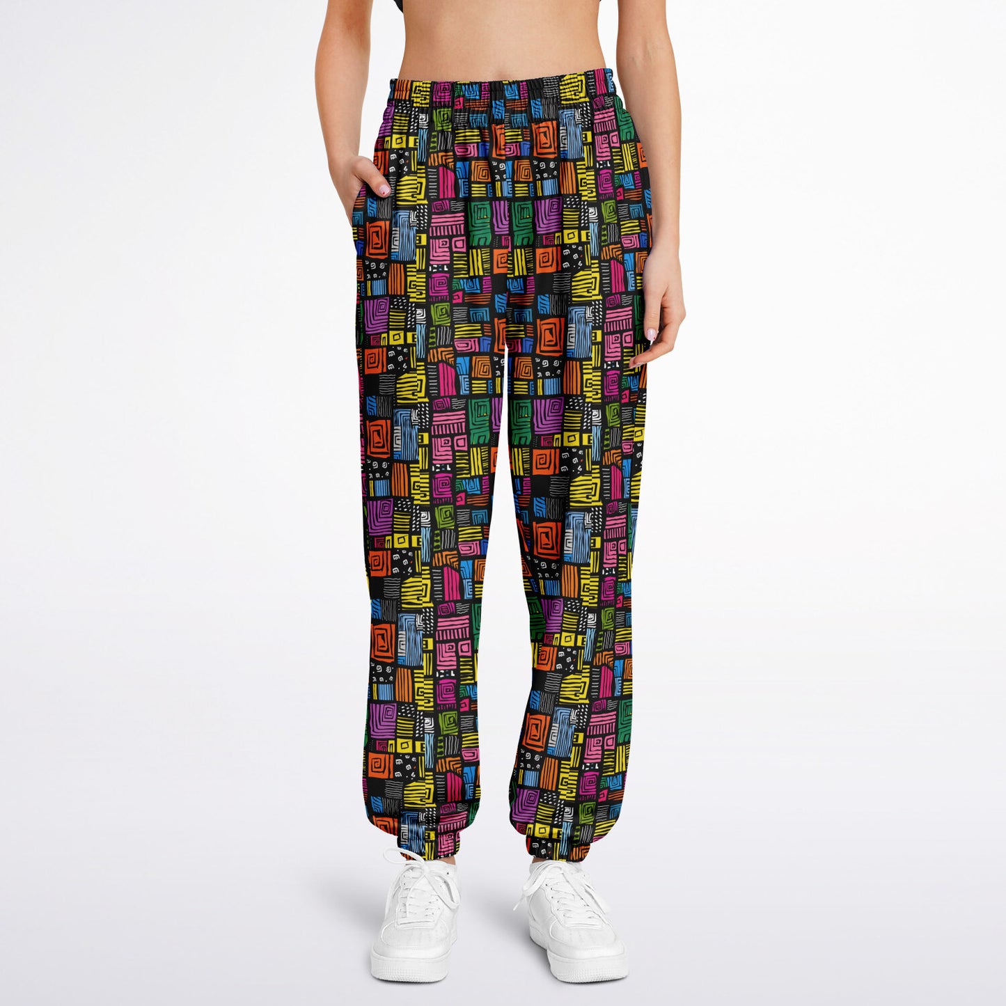 Athletic Sweatpants, Colorful Geometric Joggers, Abstract Pattern Activewear, Vibrant Grid Print Pants