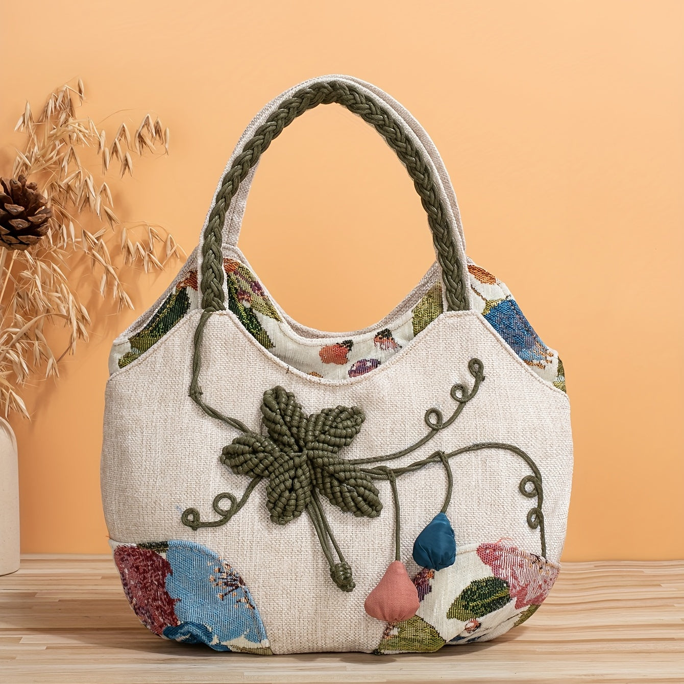 Bohemian Style Handmade Flower Tote Bag - Foldable, Zipper Closure, Fixed Shoulder Strap, Wristlet Included, Perfect for Vacation