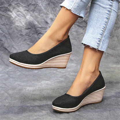 Bohemian Wedge Heel  Bohemian Breathable Fabric Wedge Heel Shoes | Women's Black & Natural Jute Mid-Heel Platform, TPR Sole for Autumn Casual & Semi-Formal Wear