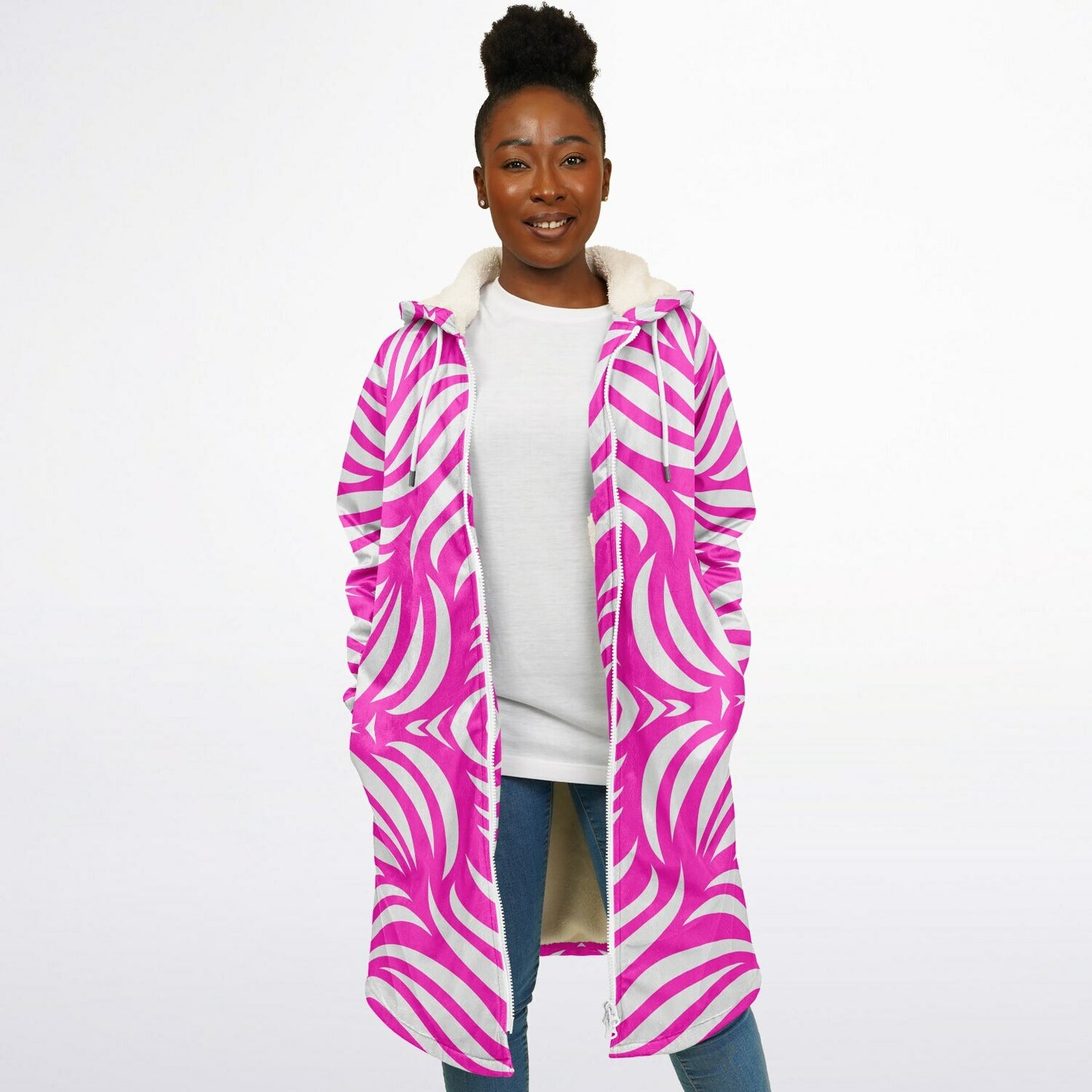 Hot Pink & White Boho Swirl Hooded Zipper Cloak Wrap | Festival Cloak with Abstract Boho Design