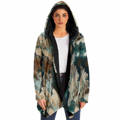 Warm Fall & Winter Hoodie Cloak | Teal Botanical & Abstract Coral Design