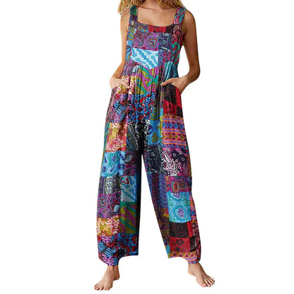 Women's Ethnic Style Patchwork Button Strap Jumpsuit