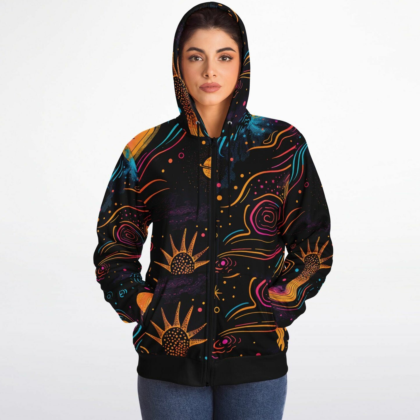 Custom Design Zip Hoodie, Cosmic Psychedelic Sweatshirt, Vibrant Celestial Planets & Stars Zip Up