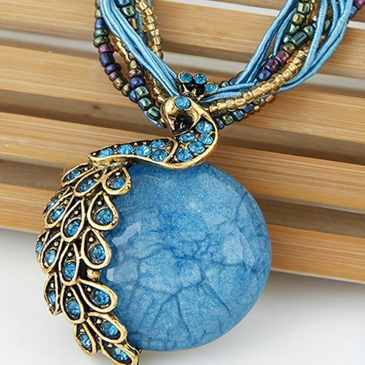 Exquisite Bohemian Chic Peacock Gemstone Pendant Necklace - Retro Leaf Design, Ethnic Style Jewelry for Women, Adjustable Chain, Durable Construction - Perfect Accessory for Casual or Formal Occasions