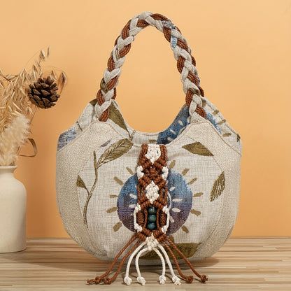 Bohemian Style Handmade Flower Tote Bag - Foldable, Zipper Closure, Fixed Shoulder Strap, Wristlet Included, Perfect for Vacation