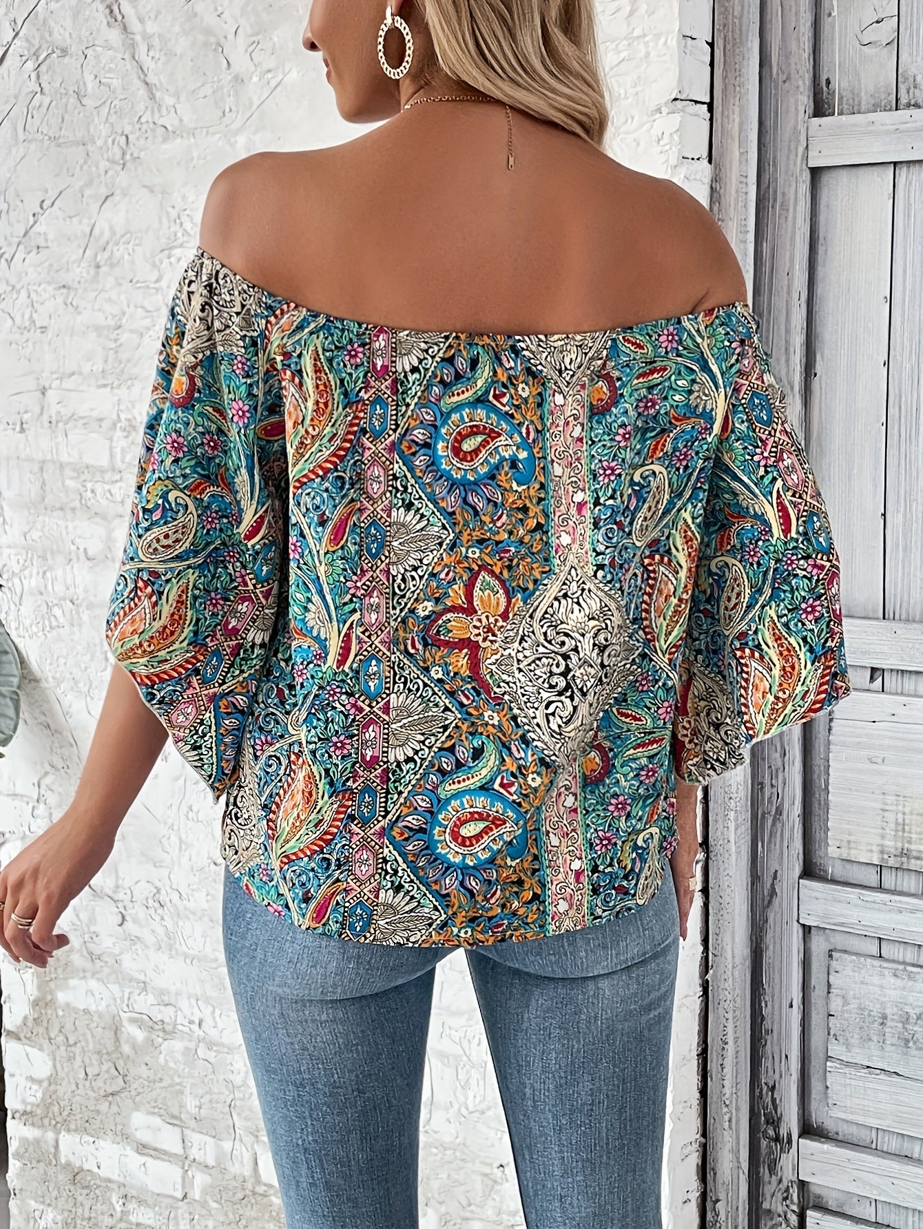 Bohemian Paisley Off-Shoulder Blouse - Lightweight with Statement Flare Sleeves - Perfect for Spring & Summer Outings