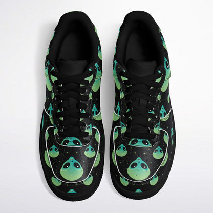 Core Top Shoes, Alien Skull Sneakers, Green & Blue Skull Low Tops, Unique Sci-Fi Streetwear Custom Design