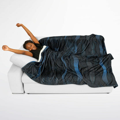 Flannel Blanket Poncho – Abstract Blue Wave Art, Modern Cozy Wrap with Flow & Depth