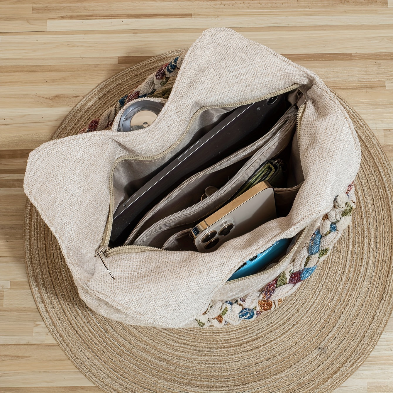 Bohemian Style Handmade Flower Tote Bag, Foldable, Zipper Closure, Fixed Shoulder Strap, with Wristlet, for Vacation