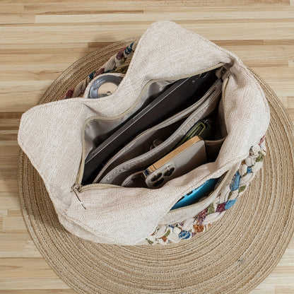 Bohemian Style Handmade Flower Tote Bag, Foldable, Zipper Closure, Fixed Shoulder Strap, with Wristlet, for Vacation