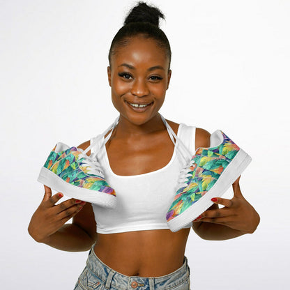 Low Top Shoes, Neon Feather Sneakers, Colorful Feather Print Low Tops, Festival Streetwear Shoes, Custom Shoes