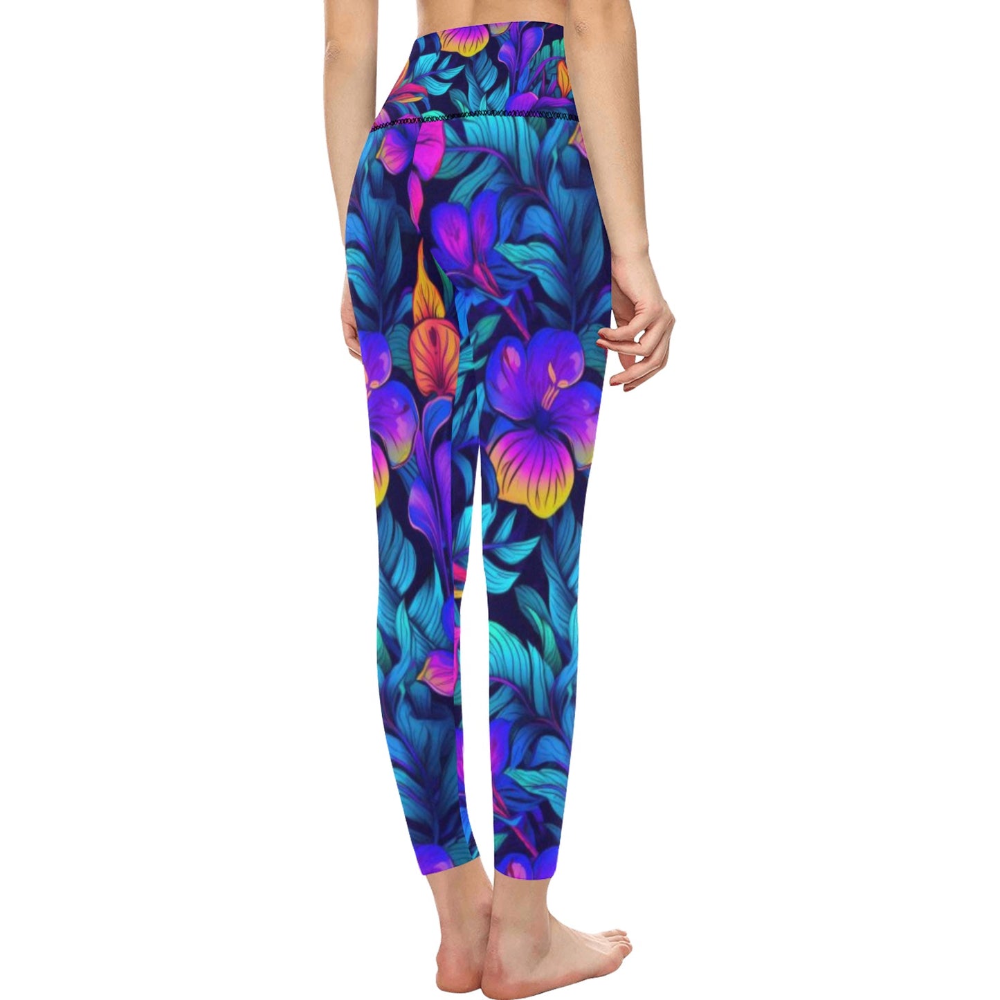 Women's High-Waisted Leggings Neon Tropical Flowers & Leaves