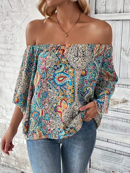 Bohemian Paisley Off-Shoulder Blouse - Lightweight with Statement Flare Sleeves - Perfect for Spring & Summer Outings