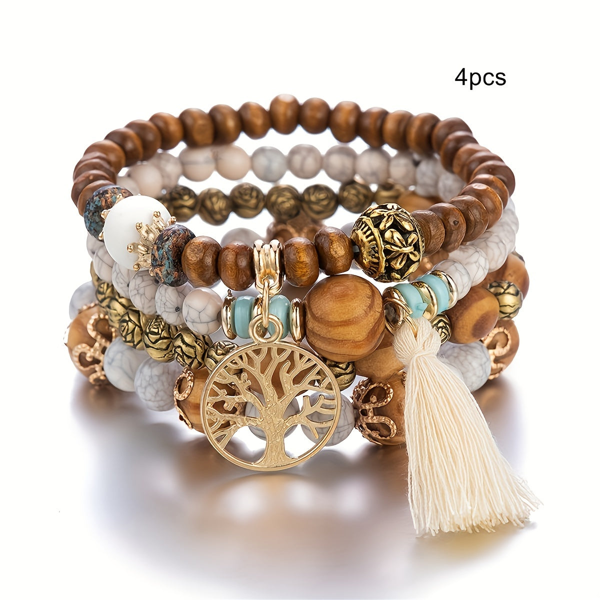 4pcs Bohemian Tree of Life Tassel Pendant Bracelet Set, 4-Piece Set with Random Bead Colors