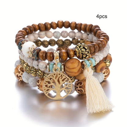 4pcs Bohemian Tree of Life Tassel Pendant Bracelet Set, 4-Piece Set with Random Bead Colors