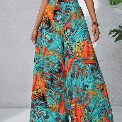 Bohemian Floral High Waist Elastic Waistband Women's Bohemian Floral Print Chiffon Wide-Leg Pants | Long Beach Trousers for Summer Vacation, Casual Elegant Style