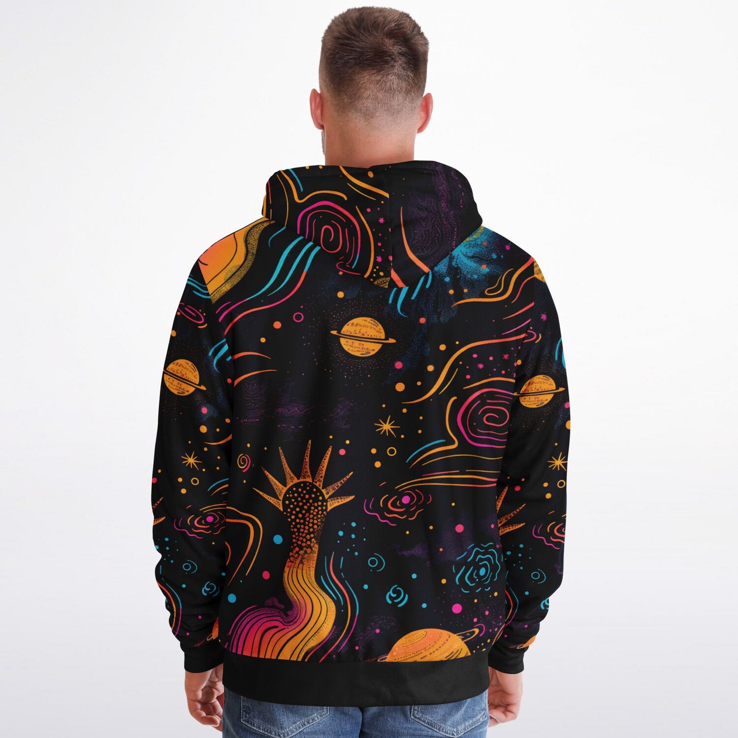 Custom Design Zip Hoodie, Cosmic Psychedelic Sweatshirt, Vibrant Celestial Planets & Stars Zip Up