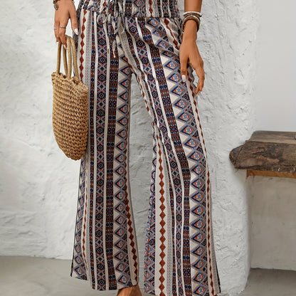 Women's Bohemian Style Wide Leg Pants - Ethnic Print, Beige & Black Color Scheme, Tie Waist, Perfect for Vacation, Leisure, and Weekend Wear