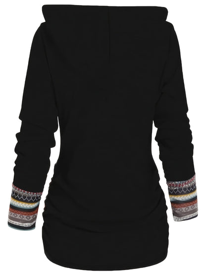 Stripe Splicing Button Decor Hoodie, Casual Long Sleeve Hoodie, Women's Clothing