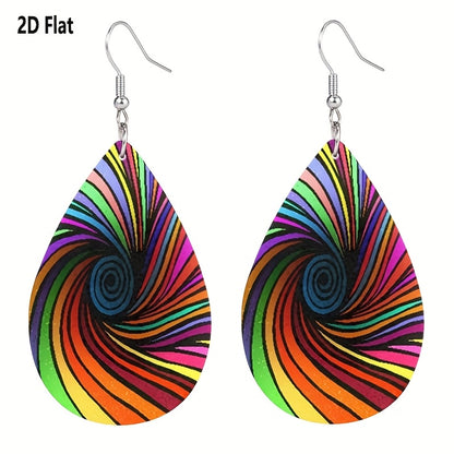 Bohemian Style Colorful Vortex Women'S Earrings with Dizzying Design and Faux Leather Pendant, 2D Flat