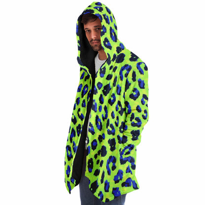 Boho Men Style Cloak – Neon Green Blue Abstract Animal Print Hooded Wrap