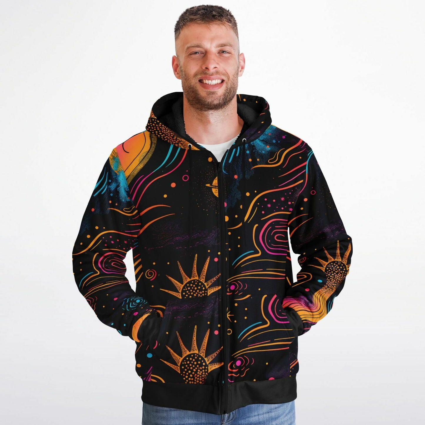 Custom Design Zip Hoodie, Cosmic Psychedelic Sweatshirt, Vibrant Celestial Planets & Stars Zip Up