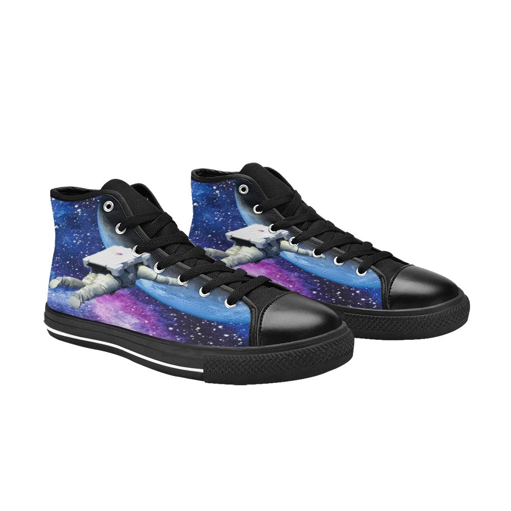 Mens Galaxy Shoes, High Tops Footwear Space Cadet Universe Canvas Sneakers Stars Astronomy Astronaut Nebula EDM Techno Epic Gift Ideas