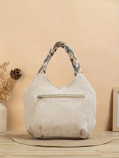 Bohemian Style Handmade Flower Tote Bag, Foldable, Zipper Closure, Fixed Shoulder Strap, with Wristlet, for Vacation