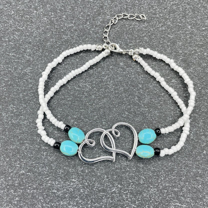 Bohemian Beach Beaded Feet Chain, Double Layer Heart Shaped Beaded Anklet