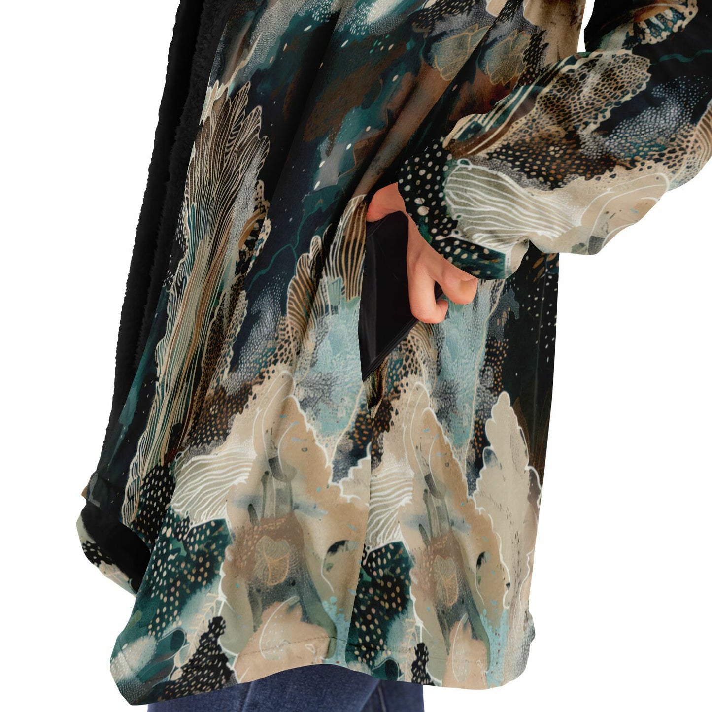 Warm Fall & Winter Hoodie Cloak | Teal Botanical & Abstract Coral Design