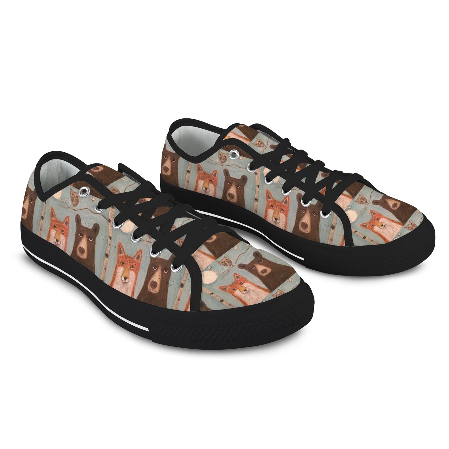 Whimsical Bear & Fox Women’s Low Top Sneakers – Woodland Magic 🦊🐻