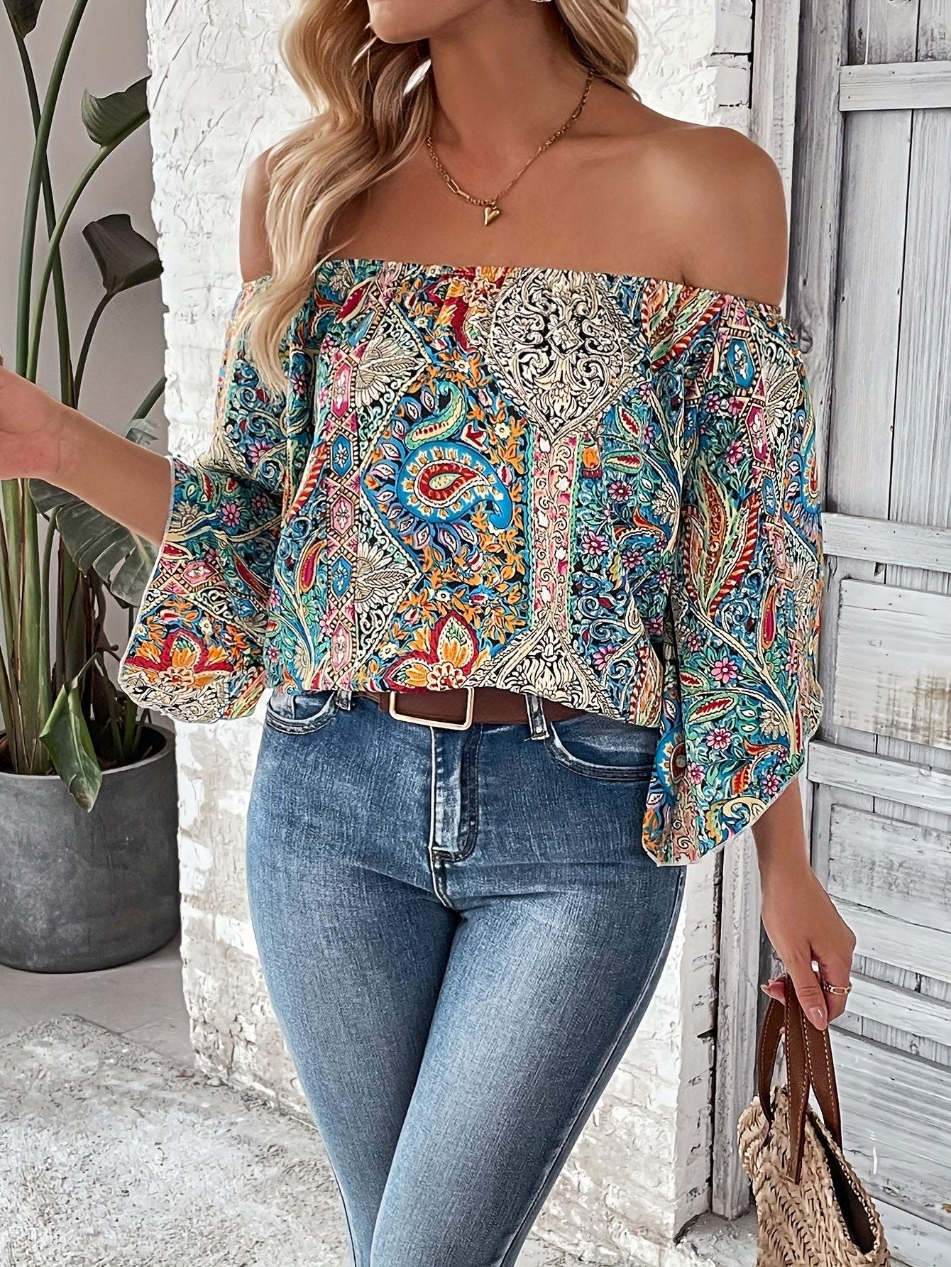 Bohemian Paisley Off-Shoulder Blouse - Lightweight with Statement Flare Sleeves - Perfect for Spring & Summer Outings