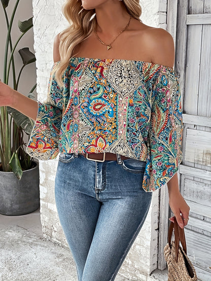 Bohemian Paisley Off-Shoulder Blouse - Lightweight with Statement Flare Sleeves - Perfect for Spring & Summer Outings