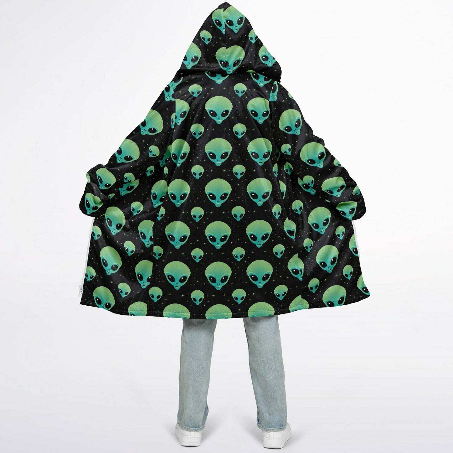 Black & Green Alien Terrestrial Zipper Cloak – One-of-a-Kind Hooded Cape for Festivals, Travel & Statement Style | Holloween Coat