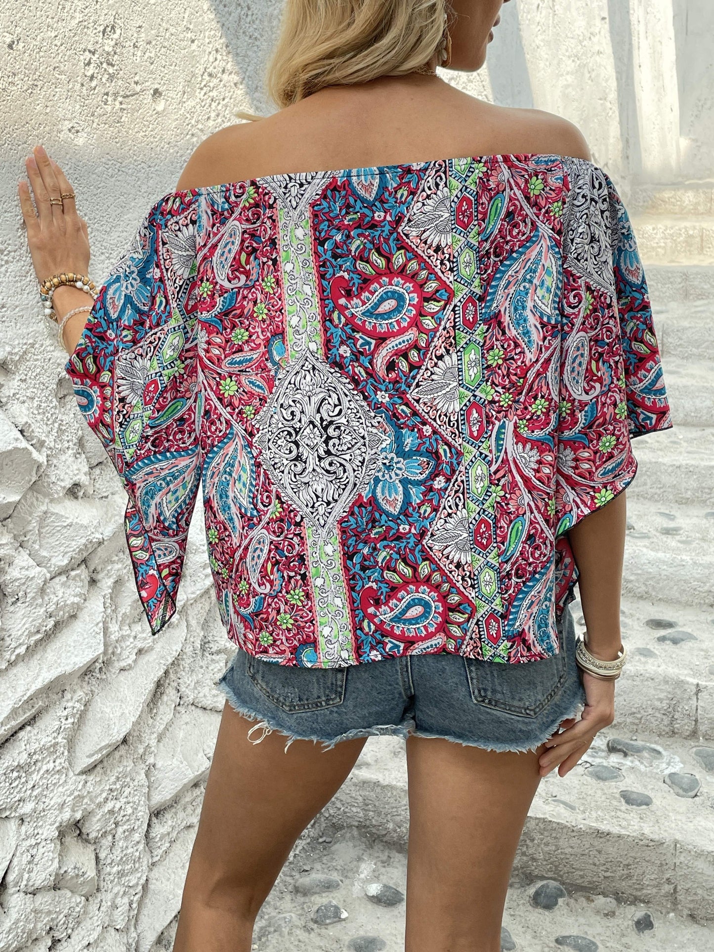 Bohemian Paisley Off-Shoulder Blouse - Lightweight with Statement Flare Sleeves - Perfect for Spring & Summer Outings