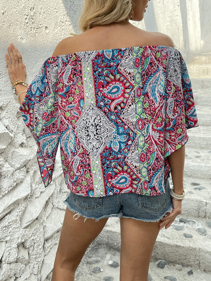 Bohemian Paisley Off-Shoulder Blouse - Lightweight with Statement Flare Sleeves - Perfect for Spring & Summer Outings