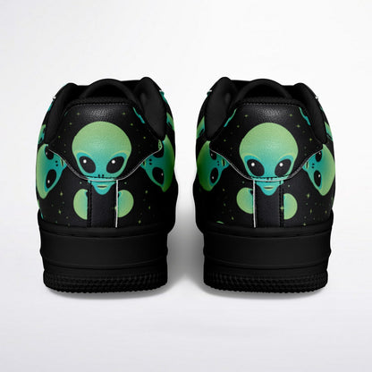 Core Top Shoes, Alien Skull Sneakers, Green & Blue Skull Low Tops, Unique Sci-Fi Streetwear Custom Design