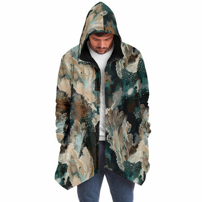 Warm Fall & Winter Hoodie Cloak | Teal Botanical & Abstract Coral Design