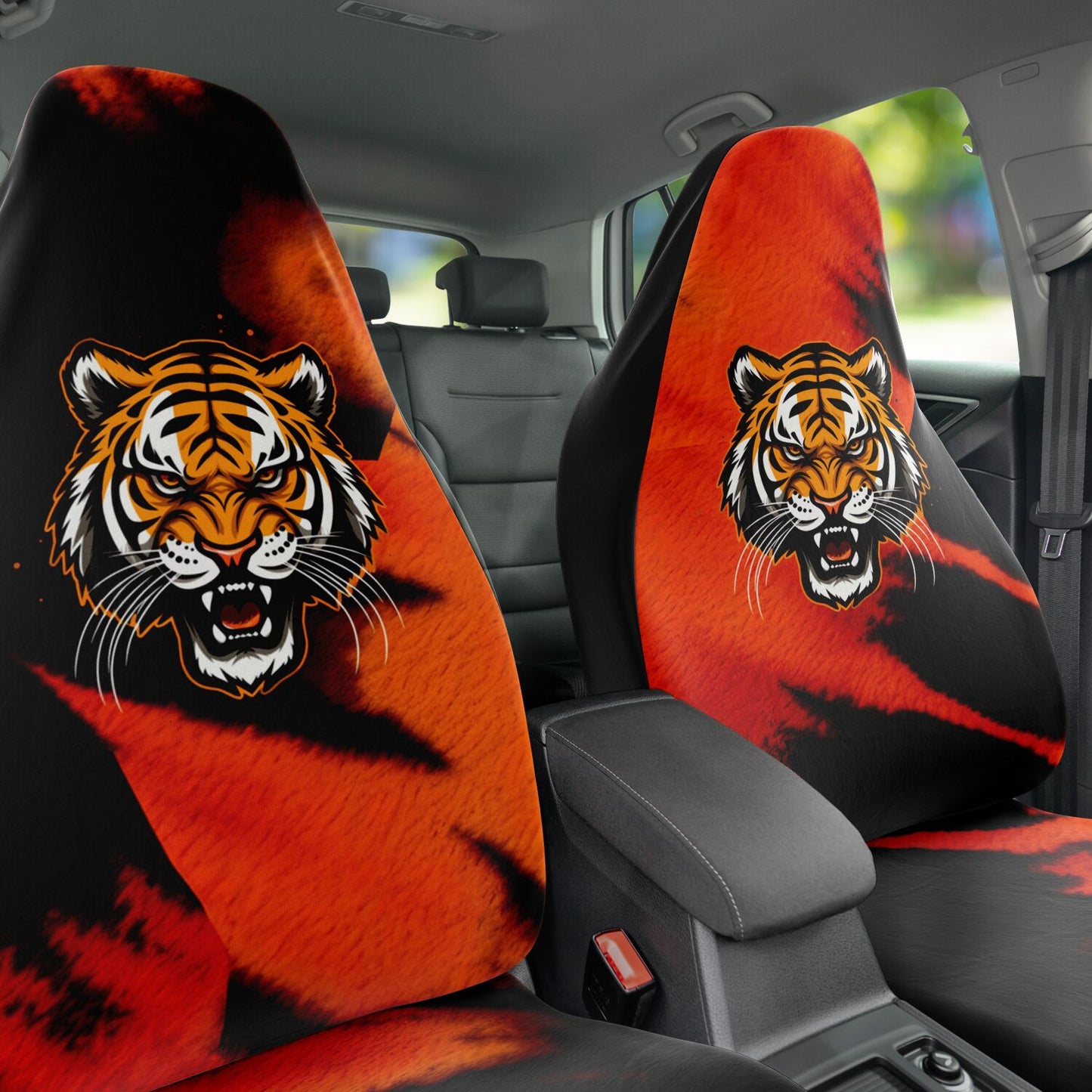 Black & Orange Bengal Car Seat Covers, Animal Print Auto Seat Protectors, Stylish Tiger Stripe Covers