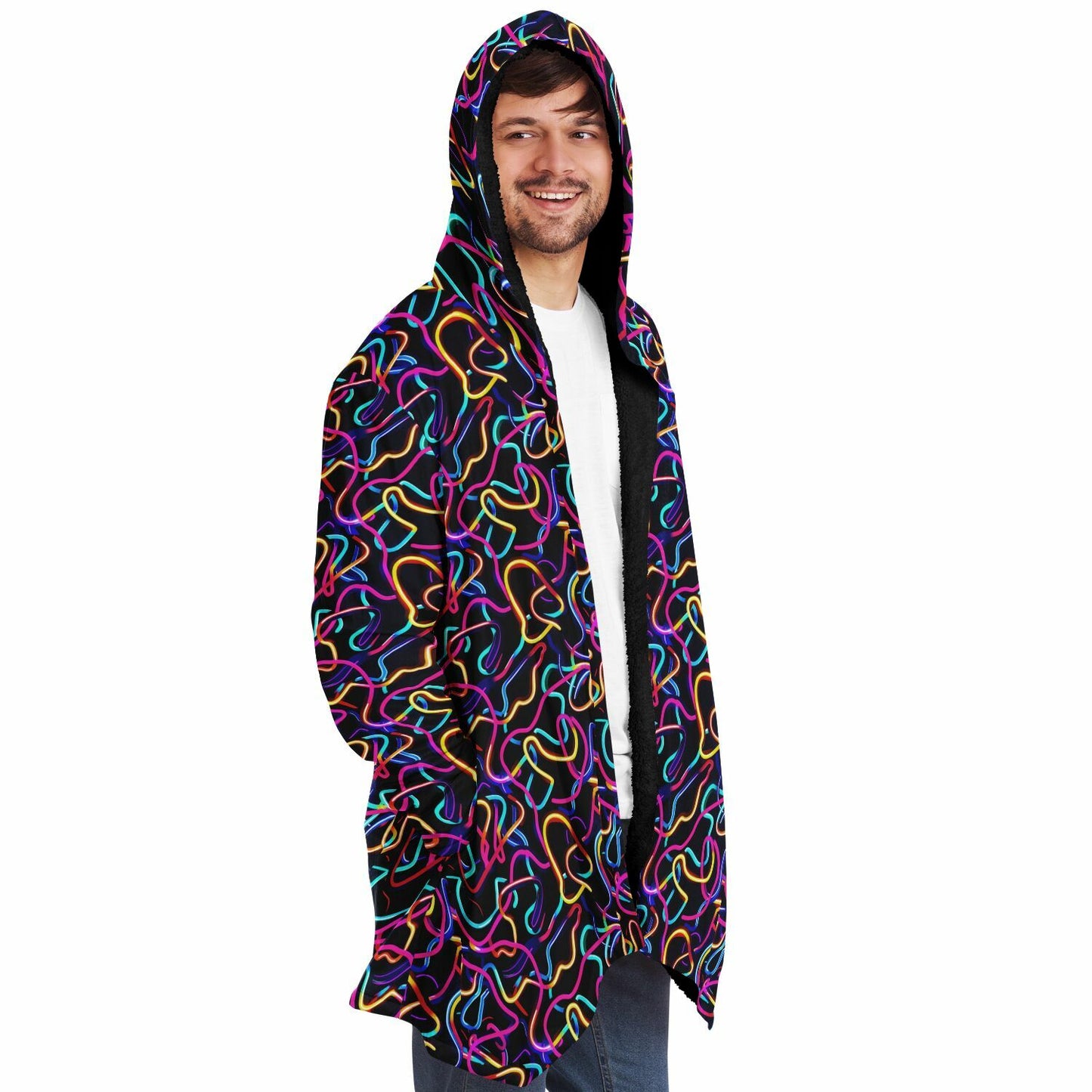 Microfleece Cloak – Neon Abstract Hooded Wrap, Glowing Digital Art Lines