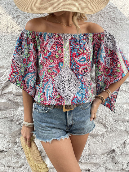 Bohemian Paisley Off-Shoulder Blouse - Lightweight with Statement Flare Sleeves - Perfect for Spring & Summer Outings